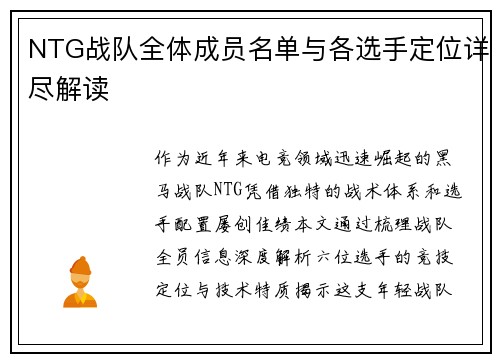 NTG战队全体成员名单与各选手定位详尽解读