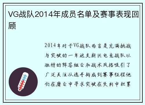 VG战队2014年成员名单及赛事表现回顾